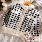 Meiteņu rudens Ziemas Y2K Sweet Houndstooth jaciņa ar garām piedurknēm Kawaii bērnu džemperi Modes Dzīvīgi jauki korejiešu bērnu topi