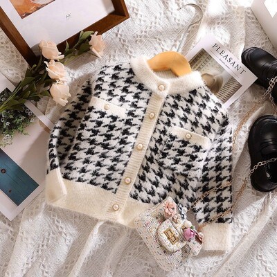 Meiteņu rudens Ziemas Y2K Sweet Houndstooth jaciņa ar garām piedurknēm Kawaii bērnu džemperi Modes Dzīvīgi jauki korejiešu bērnu topi