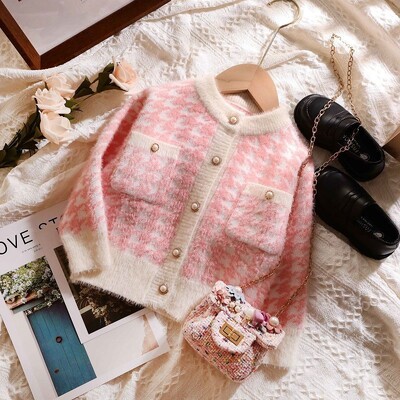 Meiteņu rudens Ziemas Y2K Sweet Houndstooth jaciņa ar garām piedurknēm Kawaii bērnu džemperi Modes Dzīvīgi jauki korejiešu bērnu topi