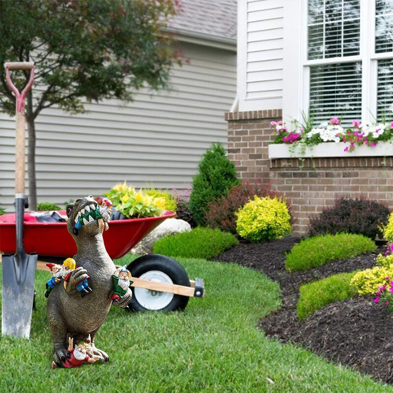 Dinozaur care mănâncă gnomi Statuie de grădină în aer liber Figurină amuzantă Decor Sculptură