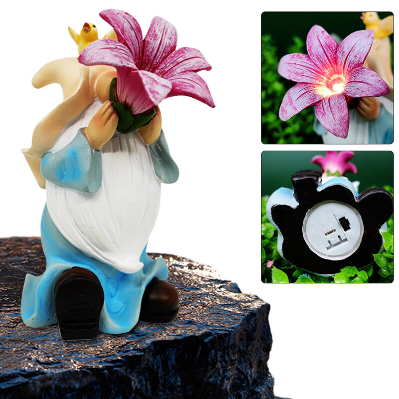 Sculptură din rășină din gnom de grădină cu lumini solare - Decor capricios de exterior pentru curte și grădină