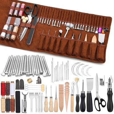 KRABALL 48/72pcs Leather Craft Sewing Working Tools Kit with Upholstery Thread Awl Needles Thimble for Repair Stitching DIY