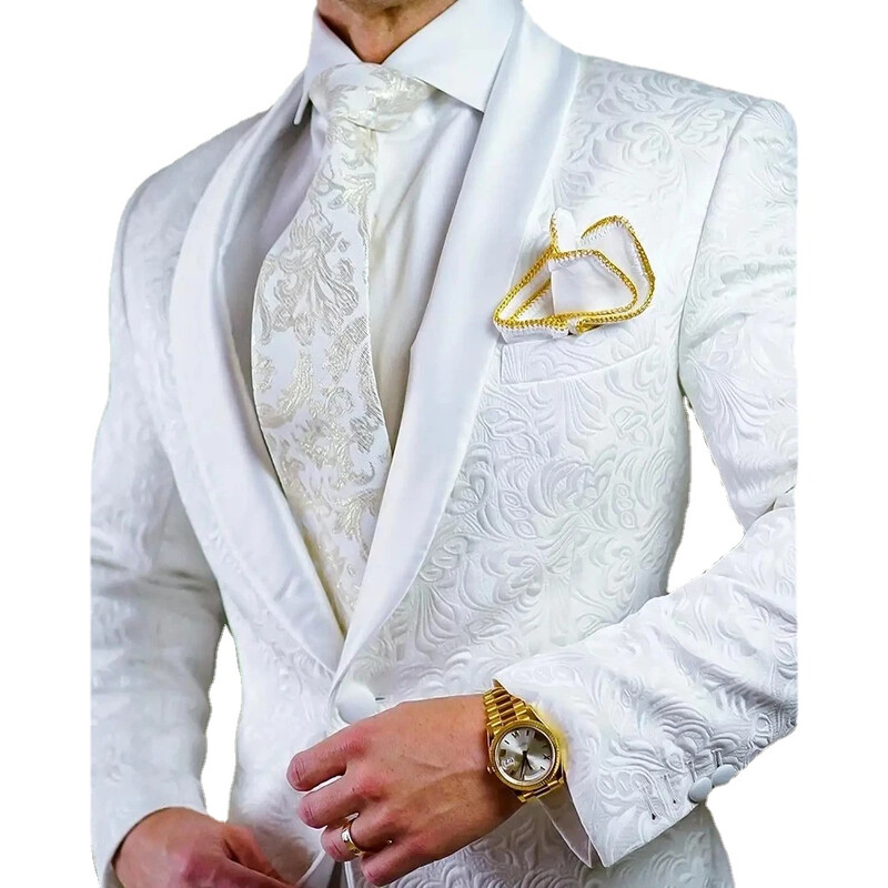 Costume bărbați frumoși Jacquard alb cu un singur buton șal rever Blazer slim fit pentru petrecere de bal de afaceri elegante, jachetă 2 piese, pantaloni