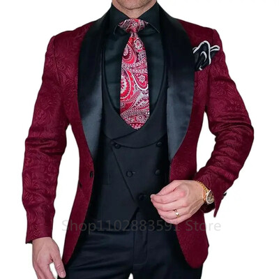 Tuxedo pentru nunta, jacquard negru, pentru nunta, rever, 3 piese, slim, costume pentru bărbați, vestă, pantaloni