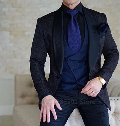 Tuxedo pentru nunta, jacquard negru, pentru nunta, rever, 3 piese, slim, costume pentru bărbați, vestă, pantaloni