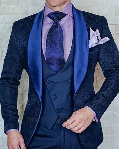 Tuxedo pentru nunta, jacquard negru, pentru nunta, rever, 3 piese, slim, costume pentru bărbați, vestă, pantaloni