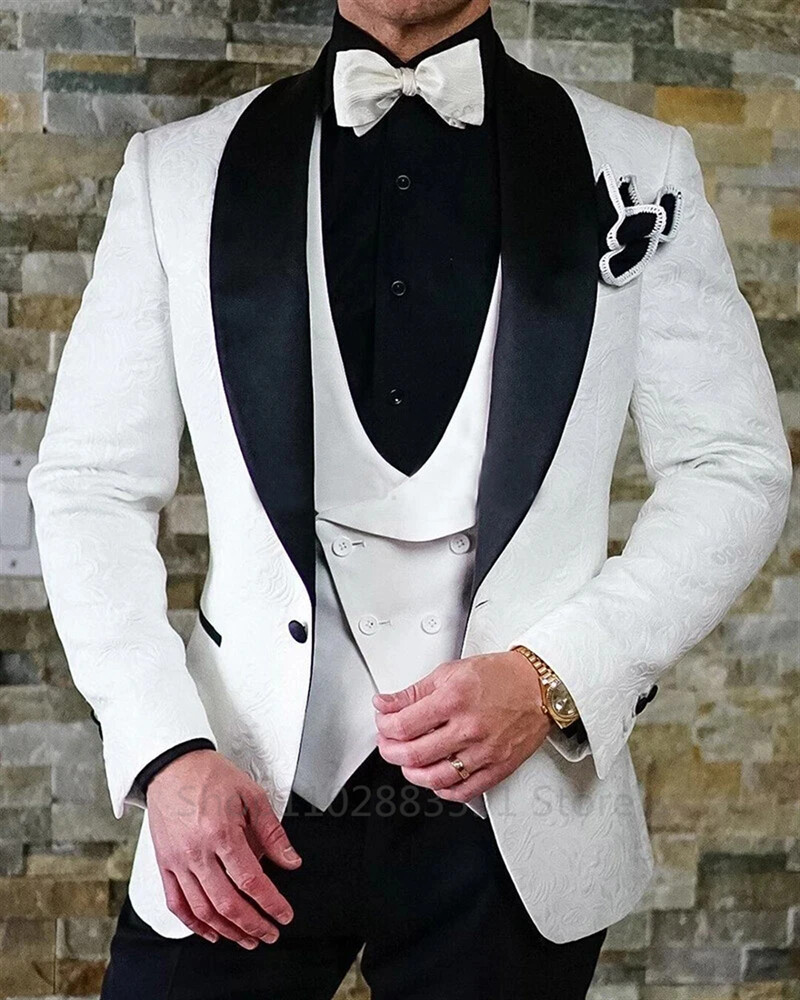 Tuxedo pentru nunta, jacquard negru, pentru nunta, rever, 3 piese, slim, costume pentru bărbați, vestă, pantaloni