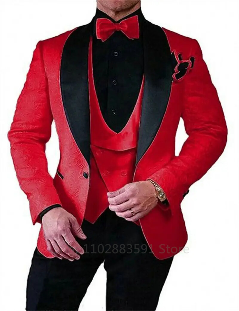 Tuxedo pentru nunta, jacquard negru, pentru nunta, rever, 3 piese, slim, costume pentru bărbați, vestă, pantaloni