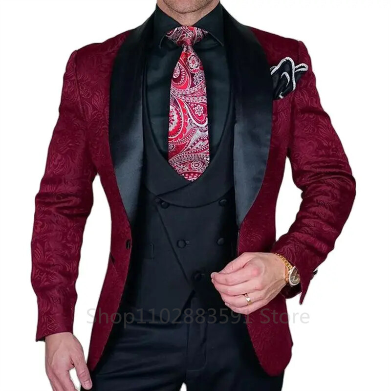 Tuxedo pentru nunta, jacquard negru, pentru nunta, rever, 3 piese, slim, costume pentru bărbați, vestă, pantaloni