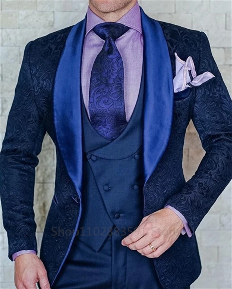 Tuxedo pentru nunta, jacquard negru, pentru nunta, rever, 3 piese, slim, costume pentru bărbați, vestă, pantaloni