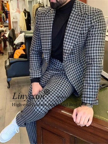 Мъжки костюм от 2 части Houndstooth Ежедневен бизнес тънък блейзър Мъжко зимно абитуриентско облекло за младоженеца Комплект смокинг Terno Masculino Яке+панталон