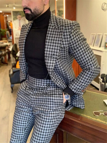 Мъжки костюм от 2 части Houndstooth Ежедневен бизнес тънък блейзър Мъжко зимно абитуриентско облекло за младоженеца Комплект смокинг Terno Masculino Яке+панталон