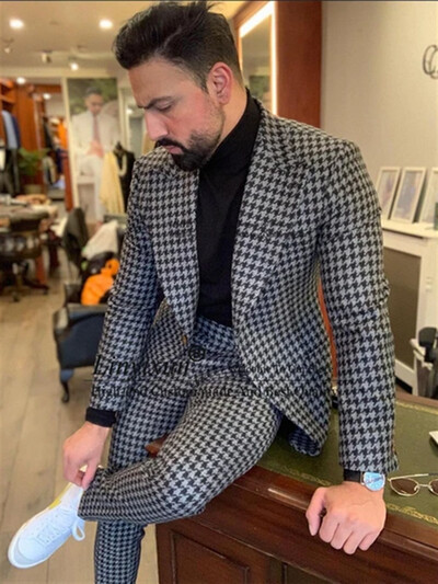 Dviejų dalių vyriškas „Houndstooth“ kostiumas, laisvalaikio verslo stiliaus plonas švarkas, vyriškas žiemos išleistuvių dėvėjimas, smokingo komplektas „Terno Masculino“ striukė + kelnės