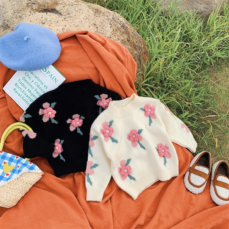 Dječji džemperi Pleteni pulover s cvjetnim ukrasima Zimska odjeća za djevojčice Pleteni pulover Dječja odjeća za djevojčice od 2 do 7 godina