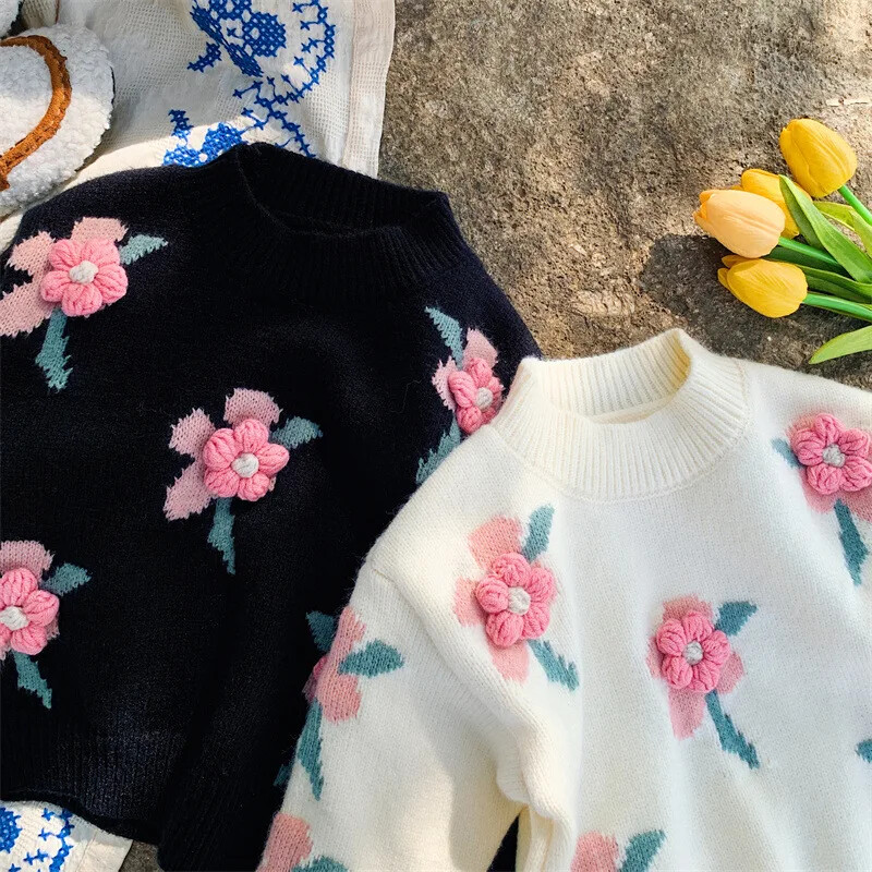 Dječji džemperi Pleteni pulover s cvjetnim ukrasima Zimska odjeća za djevojčice Pleteni pulover Dječja odjeća za djevojčice od 2 do 7 godina
