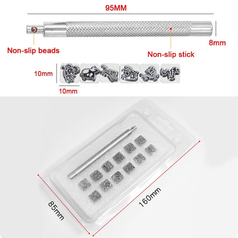 Komplet alata za ispis na koži od 12 kom. Alat za izradu metalnih pečata od legure. Set metalnih pečata za rezbarenje kožnih pečata