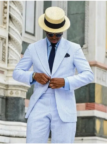 Ежедневни мъжки костюми от 2 части Seersucker Stripe Outfits Custom Wedding Groom Tuxedo Costume Homme Peaked Lapel Jacket+Pants