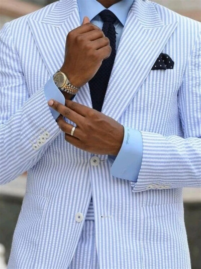 2-dijelna ležerna muška odijela Seersucker prugasta odjeća Prilagođeno vjenčanje Mladoženja Smoking Kostim Homme Jakna sa šiljcima na rever + hlače