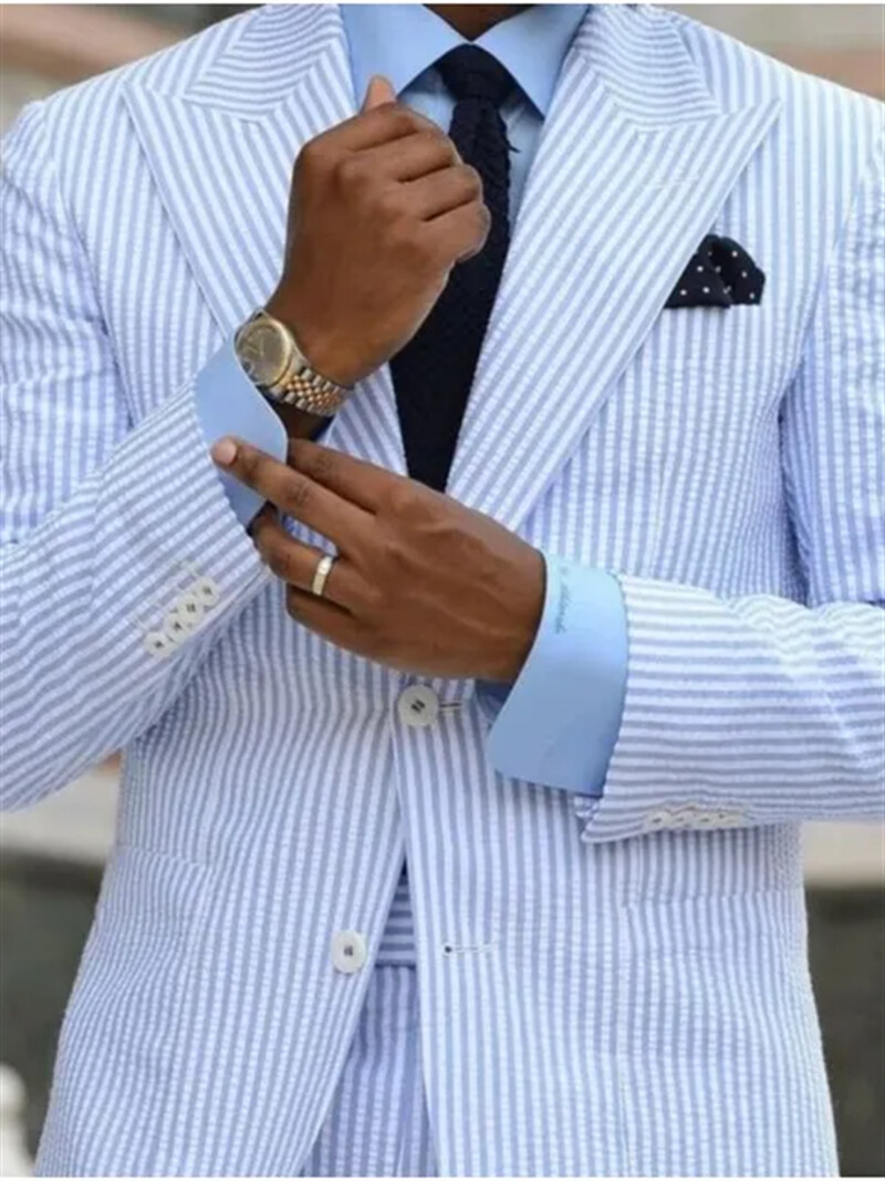 2-dijelna ležerna muška odijela Seersucker prugasta odjeća Prilagođeno vjenčanje Mladoženja Smoking Kostim Homme Jakna sa šiljcima na rever + hlače