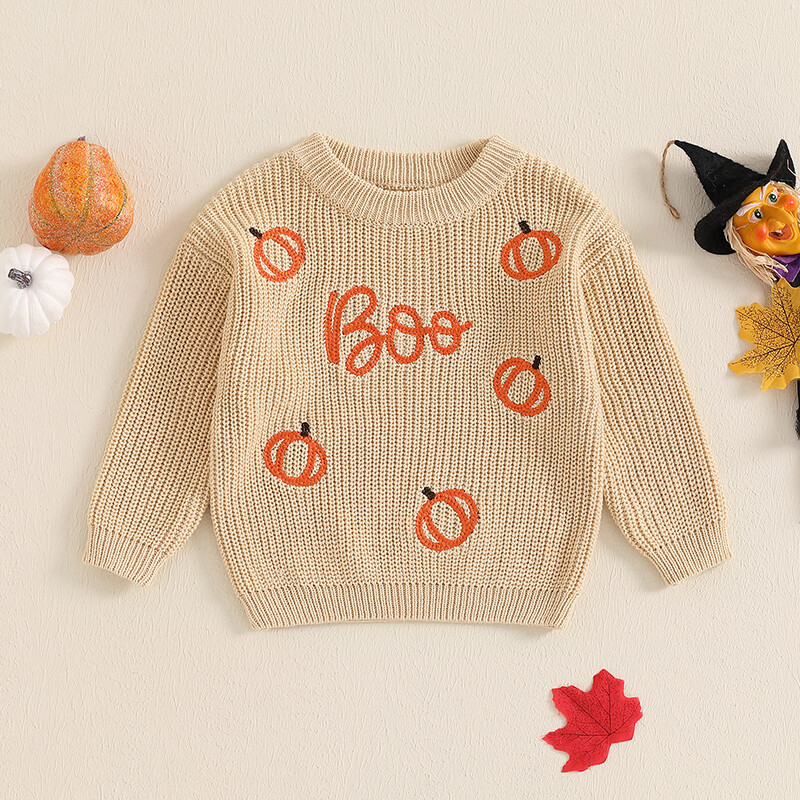 FOCUSNORM 0-3Y Prekrasni pulover za Noć vještica za dječake i djevojčice, dugih rukava s okruglim izrezom Puloveri s vezom od bundeve Pletene jesenske majice