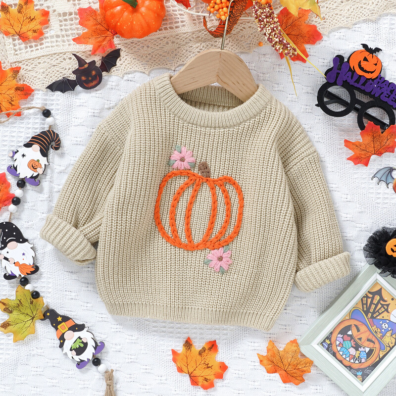 FOCUSNORM 0-3Y Halloween baba lányok fiú pulóverek 2 színű hosszú ujjú sütőtök virág hímzés kötött pulóver őszi felsők