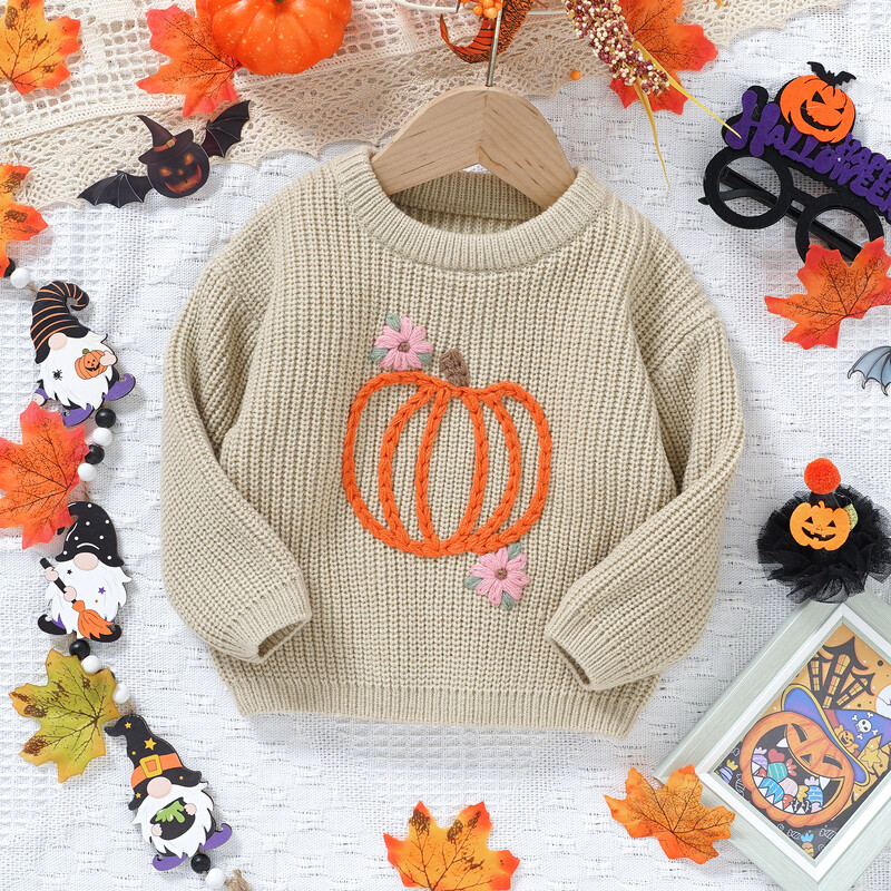 FOCUSNORM 0-3Y Halloween baba lányok fiú pulóverek 2 színű hosszú ujjú sütőtök virág hímzés kötött pulóver őszi felsők