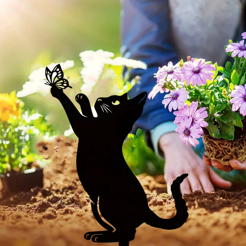 Creative Cat Family Garden Stakes Διακοσμητικά Χαριτωμένα Γάτα Κήπος Διακοσμητική σιλουέτα Ζώα υπαίθρια αγάλματα Γάτα αυλή γκαζόν κήπου