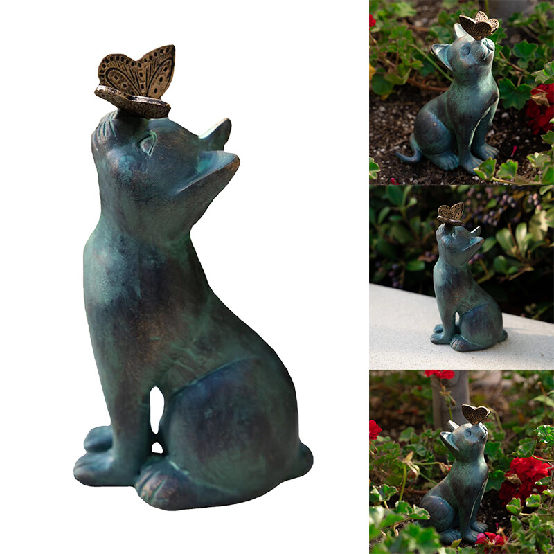 Slatka mačka i leptir Radoznalost Vrtni kip, Znatiželjna mačka igra se s leptirovom statuom, Vrtna mačka Statua Životinjska skulptura Nadmašiti