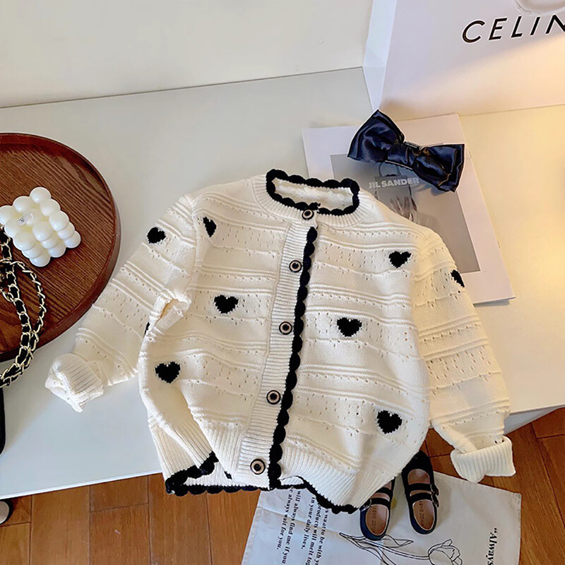 Modni pulover s izvezenim srcem, kardigan, proljeće, jesen, korejska verzija, cvjetni ovratnik, pletenina, dječji slatki, slatki ležerni gornji kaput