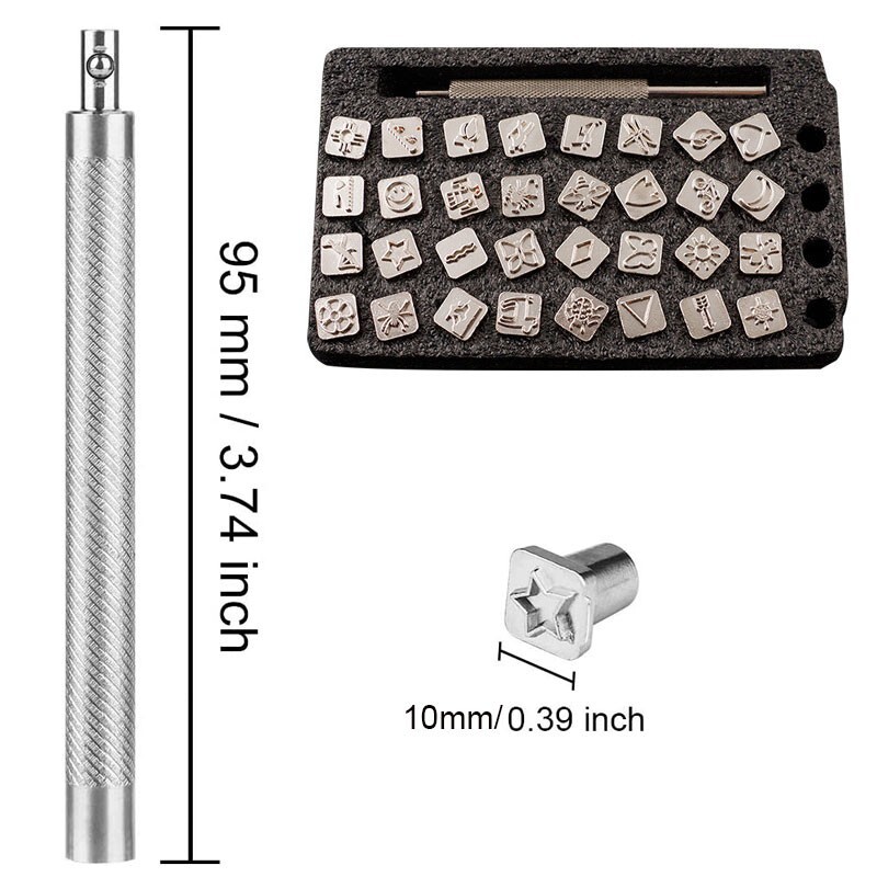 32 db-os bőrbélyegző szerszámok Bőr kézműves szerszámok barkácsmintás acélbélyegző készlethez 10*10mm