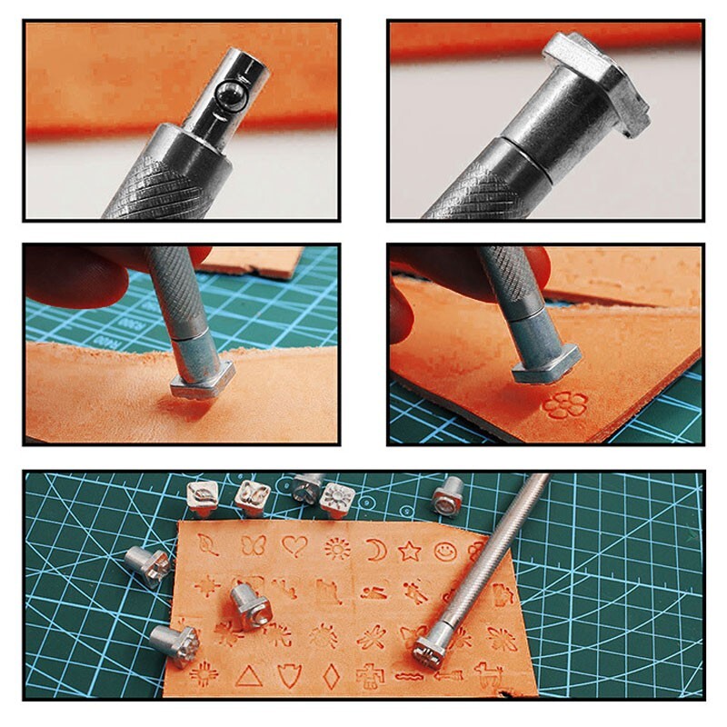 32 db-os bőrbélyegző szerszámok Bőr kézműves szerszámok barkácsmintás acélbélyegző készlethez 10*10mm