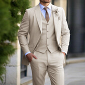 Costume bej pentru bărbați 3 piese la modă blazer slim fit vesta pantaloni set formal de afaceri smoking de nuntă pentru bărbați îmbrăcăminte casual