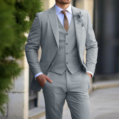 Costume bej pentru bărbați 3 piese la modă blazer slim fit vesta pantaloni set formal de afaceri smoking de nuntă pentru bărbați îmbrăcăminte casual