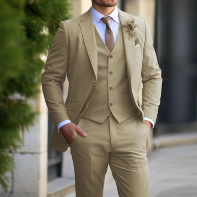 Costume bej pentru bărbați 3 piese la modă blazer slim fit vesta pantaloni set formal de afaceri smoking de nuntă pentru bărbați îmbrăcăminte casual