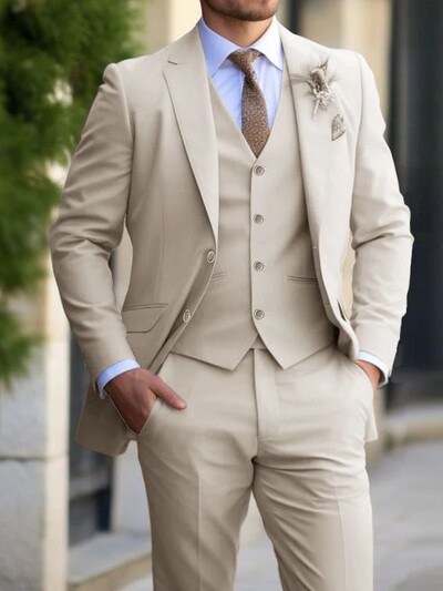 Costume bej pentru bărbați 3 piese la modă blazer slim fit vesta pantaloni set formal de afaceri smoking de nuntă pentru bărbați îmbrăcăminte casual