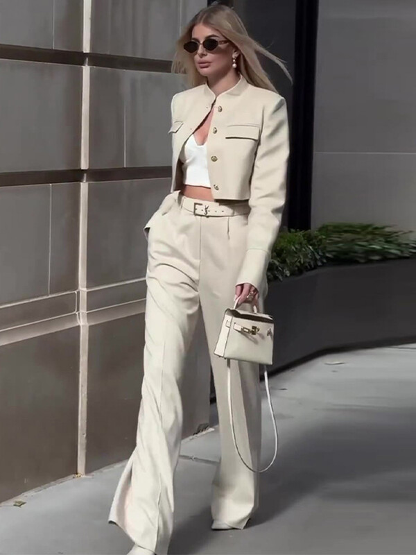 Seturi de pantaloni ocazional, solidi, haine scurte, femei, cu un singur piept, buzunare false, jachete cu maneci lungi, pantaloni cu picioare late, costum de toamna 2024