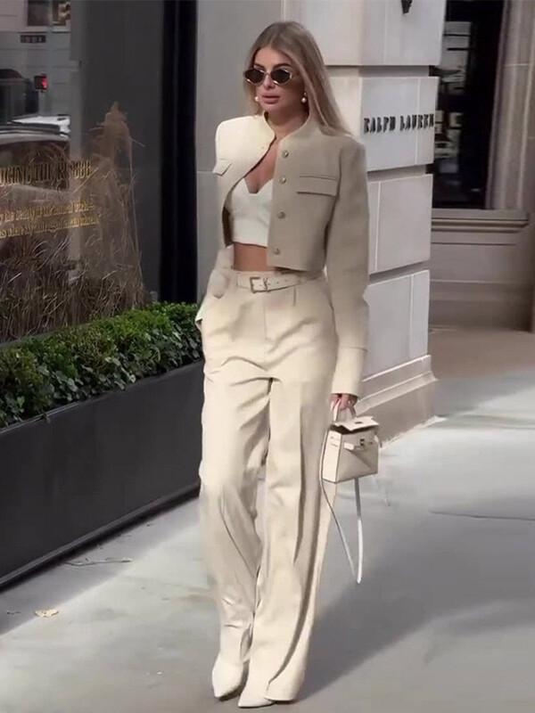 Seturi de pantaloni ocazional, solidi, haine scurte, femei, cu un singur piept, buzunare false, jachete cu maneci lungi, pantaloni cu picioare late, costum de toamna 2024