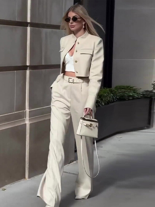 Seturi de pantaloni ocazional, solidi, haine scurte, femei, cu un singur piept, buzunare false, jachete cu maneci lungi, pantaloni cu picioare late, costum de toamna 2024