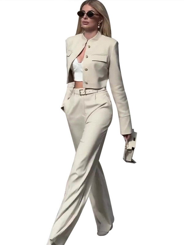 Seturi de pantaloni ocazional, solidi, haine scurte, femei, cu un singur piept, buzunare false, jachete cu maneci lungi, pantaloni cu picioare late, costum de toamna 2024