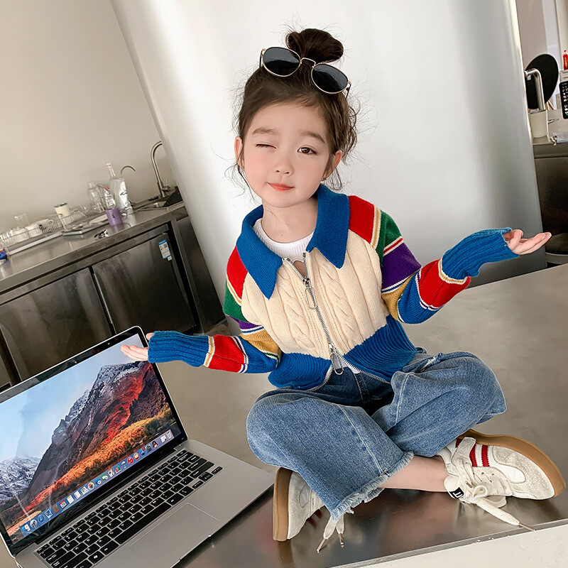 2023. gada pavasara džemperis Bērnu apģērbs Meiteņu rāvējslēdzējs Īss Plāns Džemperis Varavīksnes Savienojuma Piedurknes Modes Džemperis