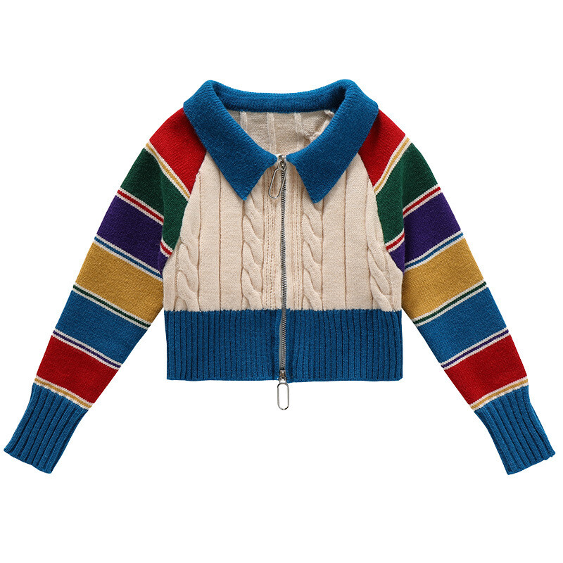 2023. gada pavasara džemperis Bērnu apģērbs Meiteņu rāvējslēdzējs Īss Plāns Džemperis Varavīksnes Savienojuma Piedurknes Modes Džemperis