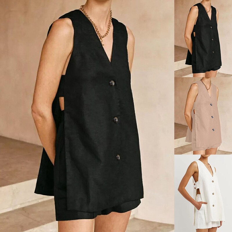 Nova modna ležerna ženska odijela za 2024. Kompleti od 2 komada s V izrezom, bez rukava, prsluk, sako, kratke hlače visokog struka, uredska trenirka