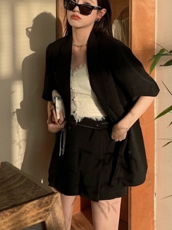 Jachetă cu mânecă scurtă pentru femei Costum blazer de vară Set de design nou cu simțul temperamentului Seturi de pantaloni largi din două piese Îmbrăcăminte pentru femei