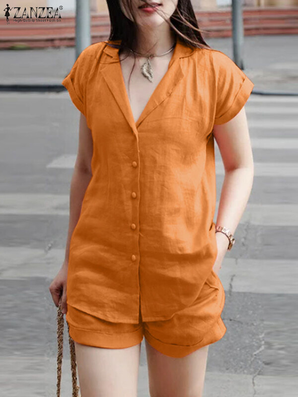 Blazer de vară la modă ZANZEA Seturi elegante de cămașă cu mânecă scurtă, pantaloni, ocazional, seturi de potrivire, 2 buc. ținute pentru femei