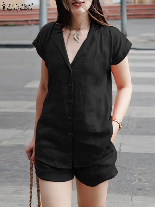 Blazer de vară la modă ZANZEA Seturi elegante de cămașă cu mânecă scurtă, pantaloni, ocazional, seturi de potrivire, 2 buc. ținute pentru femei