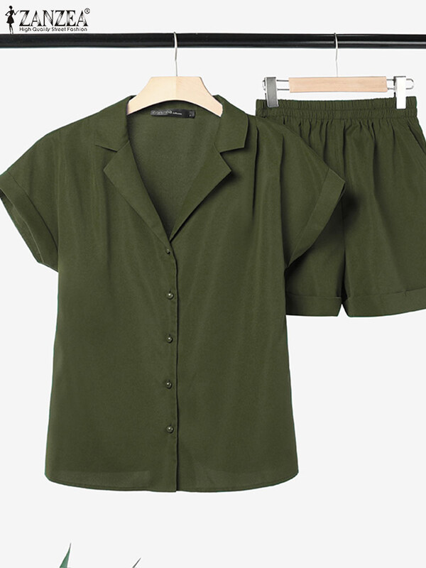 Blazer de vară la modă ZANZEA Seturi elegante de cămașă cu mânecă scurtă, pantaloni, ocazional, seturi de potrivire, 2 buc. ținute pentru femei