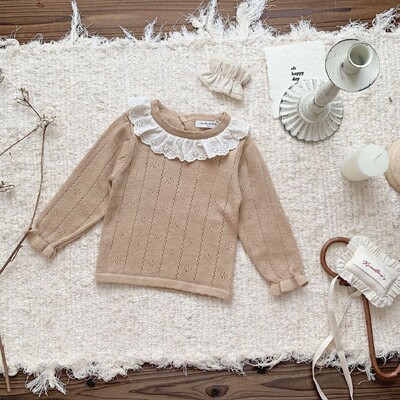 Dječji džemper Gornja odjeća 2023. Pletena čipkana majica s izdubljenim rukavima za djevojčice Lampion Majica dugih rukava s donjim dijelom Princess