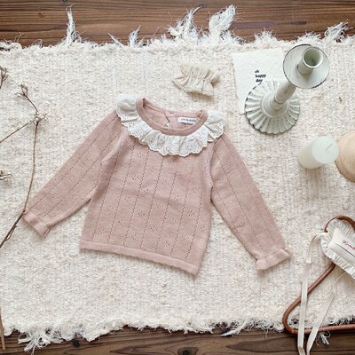 Dječji džemper Gornja odjeća 2023. Pletena čipkana majica s izdubljenim rukavima za djevojčice Lampion Majica dugih rukava s donjim dijelom Princess