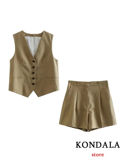 TRAFZA Casual λινό γυναικεία κοστούμια 2 τεμαχίων V με κουμπιά με λαιμόκοψη γιλέκο σακάκι + ψηλή μέση φαρδιά σορτς ποδιών μόδας 2024 Καλοκαιρινά vintage σετ