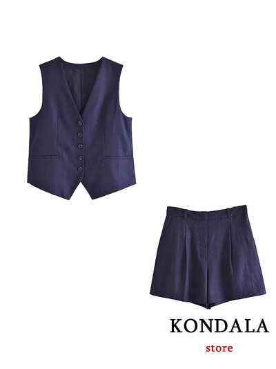 TRAFZA Casual λινό γυναικεία κοστούμια 2 τεμαχίων V με κουμπιά με λαιμόκοψη γιλέκο σακάκι + ψηλή μέση φαρδιά σορτς ποδιών μόδας 2024 Καλοκαιρινά vintage σετ